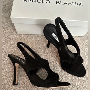 NIB Manolo Blahnik black suede heals, size 5